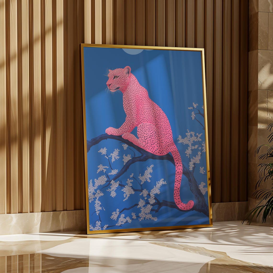 Pink Leopard Poster On Bright Blue Floral Branch Trendy Maximalist Art - Image 4