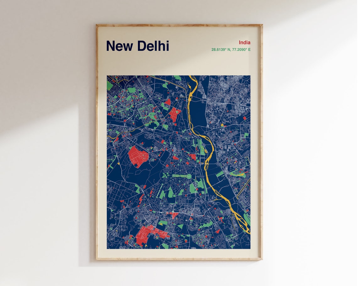 New Delhi India Navy Blue Minimalist City Street Map Decor Poster