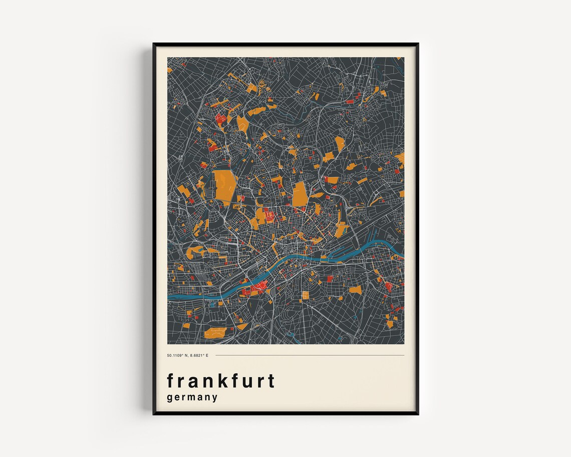 Frankfurt Germany Retro Dark Charcoal City Map Travel Poster