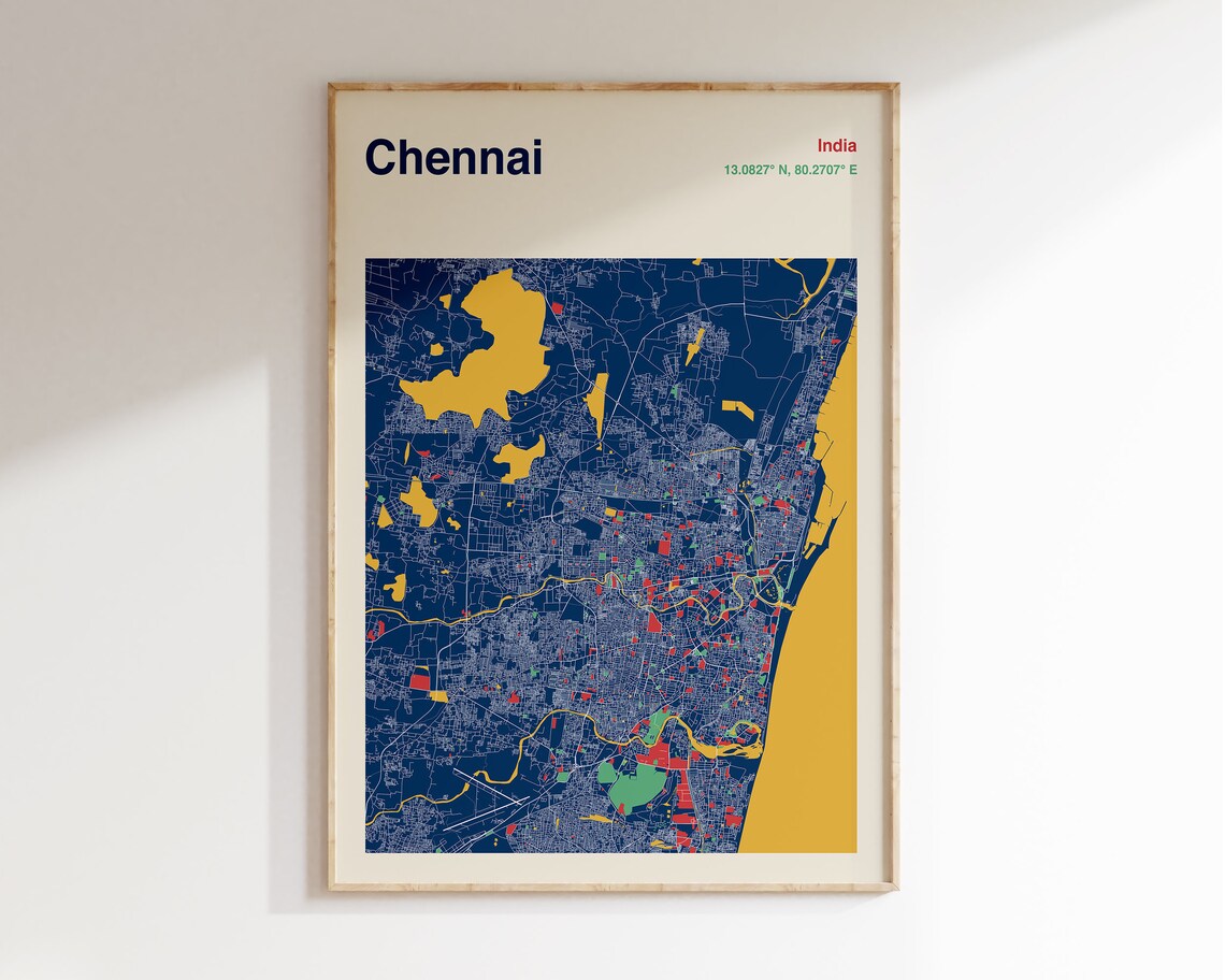 Chennai India Colourful City Map Poster in Navy Gold and Coastal Blue