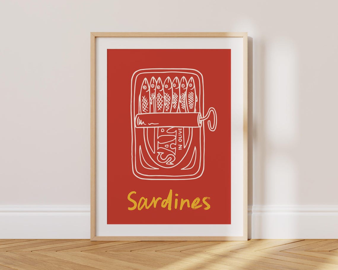 Gold Sardines Tin Line Art Bold Blue Kitchen Mid Century Poster - Image 2