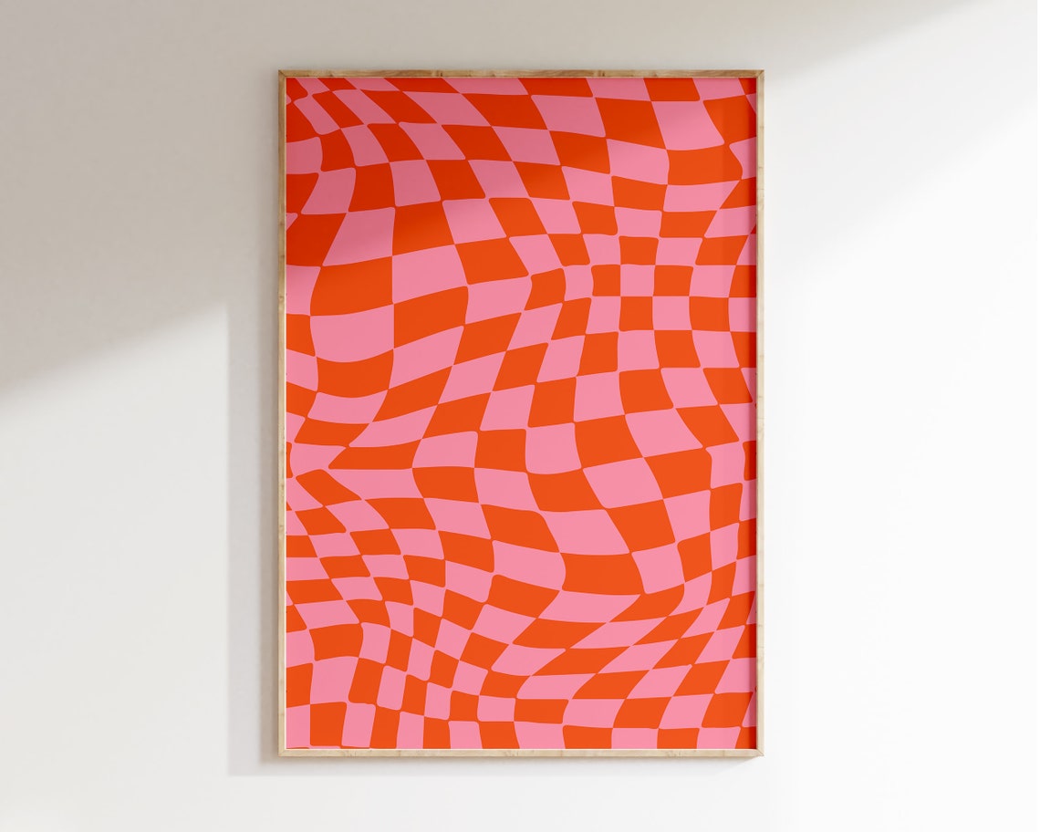 Wavy Red Pink Checkerboard Retro 70s Abstract Pattern Poster