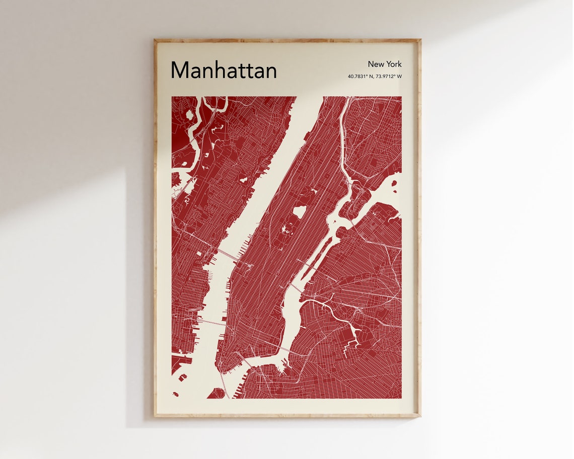 Minimalist Manhattan New York City Map Red Coordinates Poster