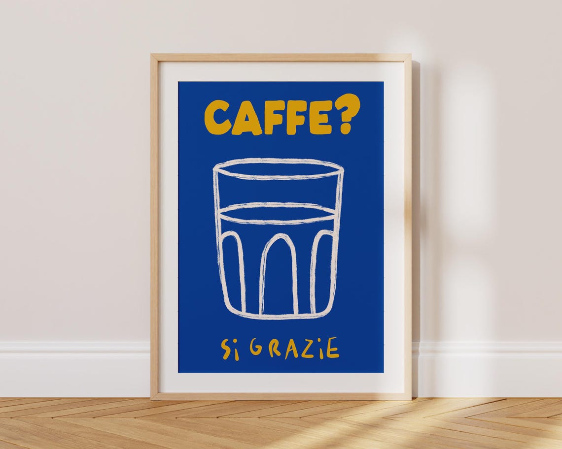 Caffe Si Grazie Yellow and Blue Italian Coffee Playful Humor Poster