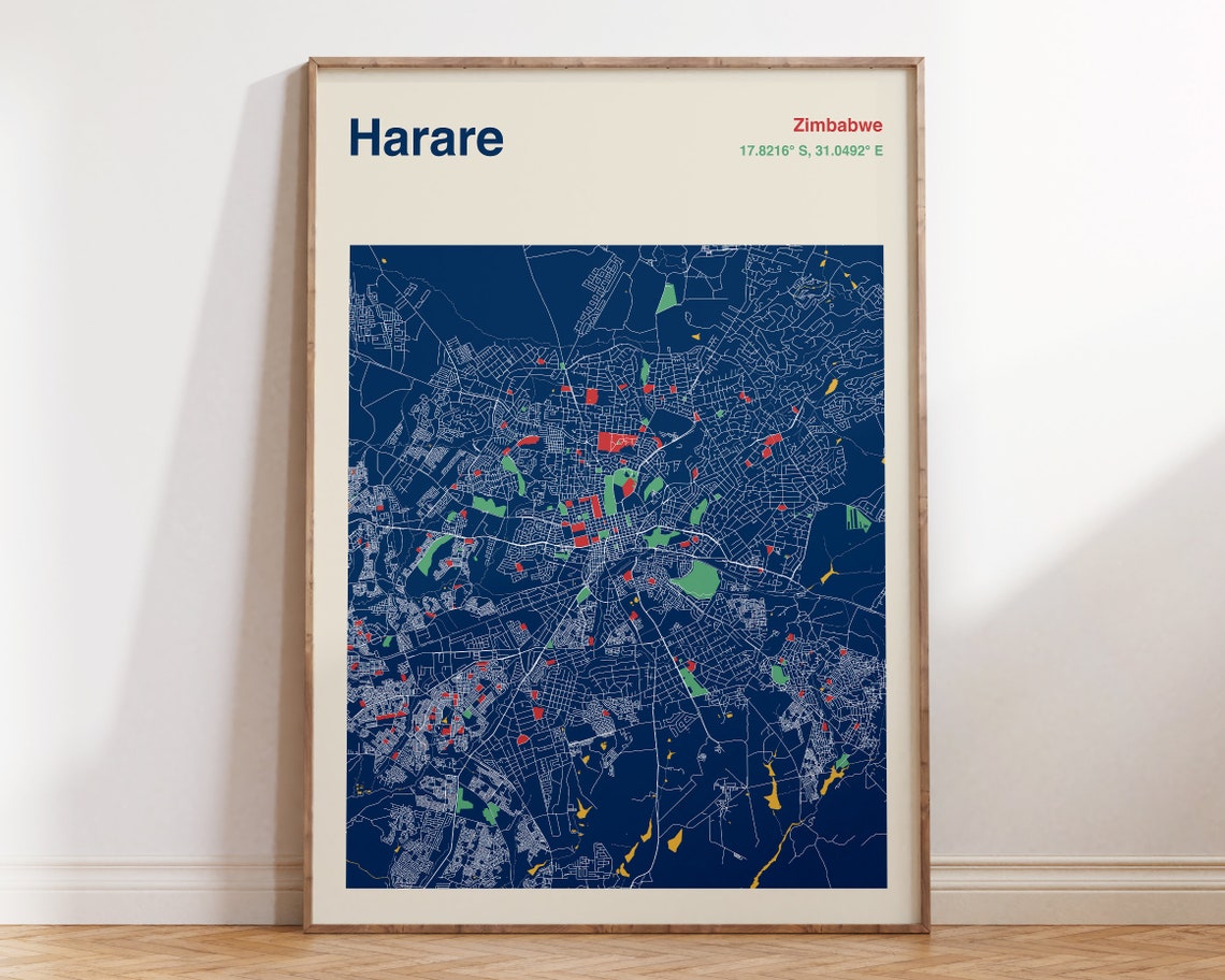 Harare Zimbabwe Colorful Navy City Map Art Poster Travel Decor