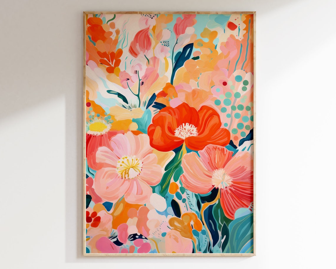Abstract Botanical Poppy Painting Colorful Maximalist Wall Art