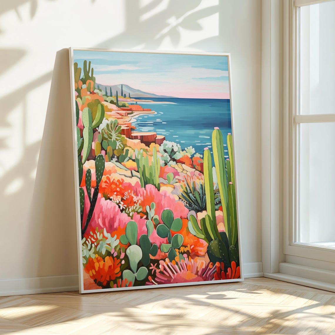 Colorful Cactus Coastline Vibrant Desert Garden Ocean Art Poster