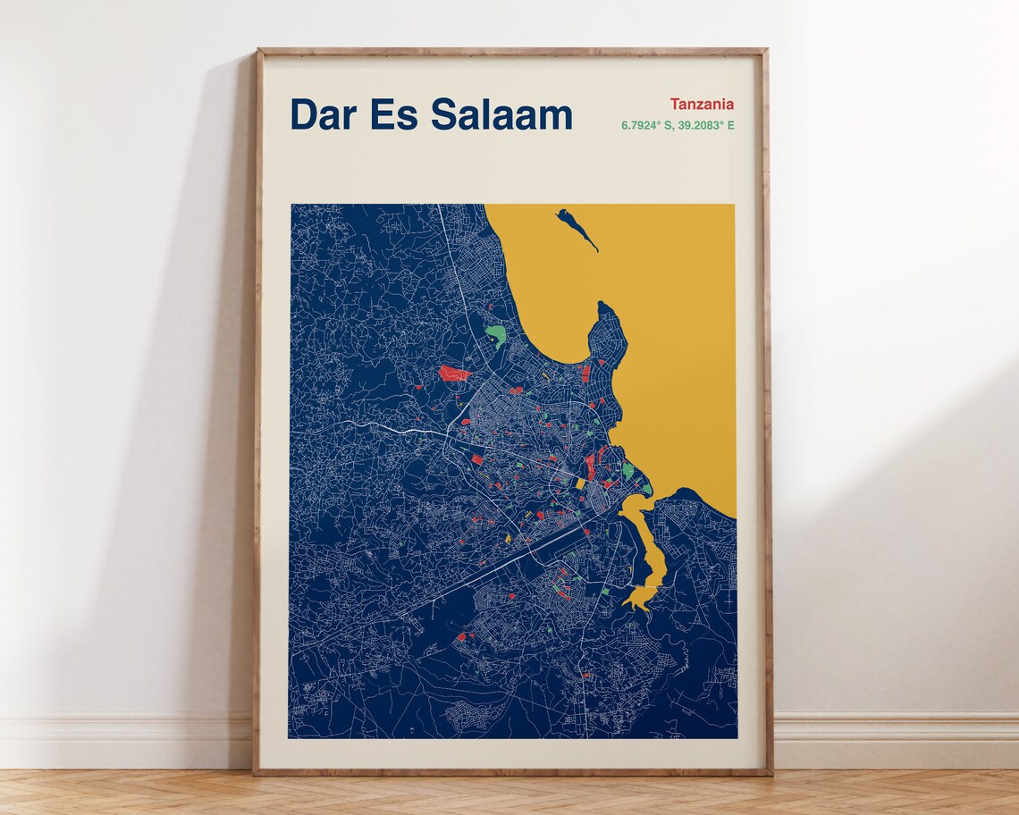 Dar Es Salaam Tanzania Navy Coastal City Map Art Poster Coastal Decor