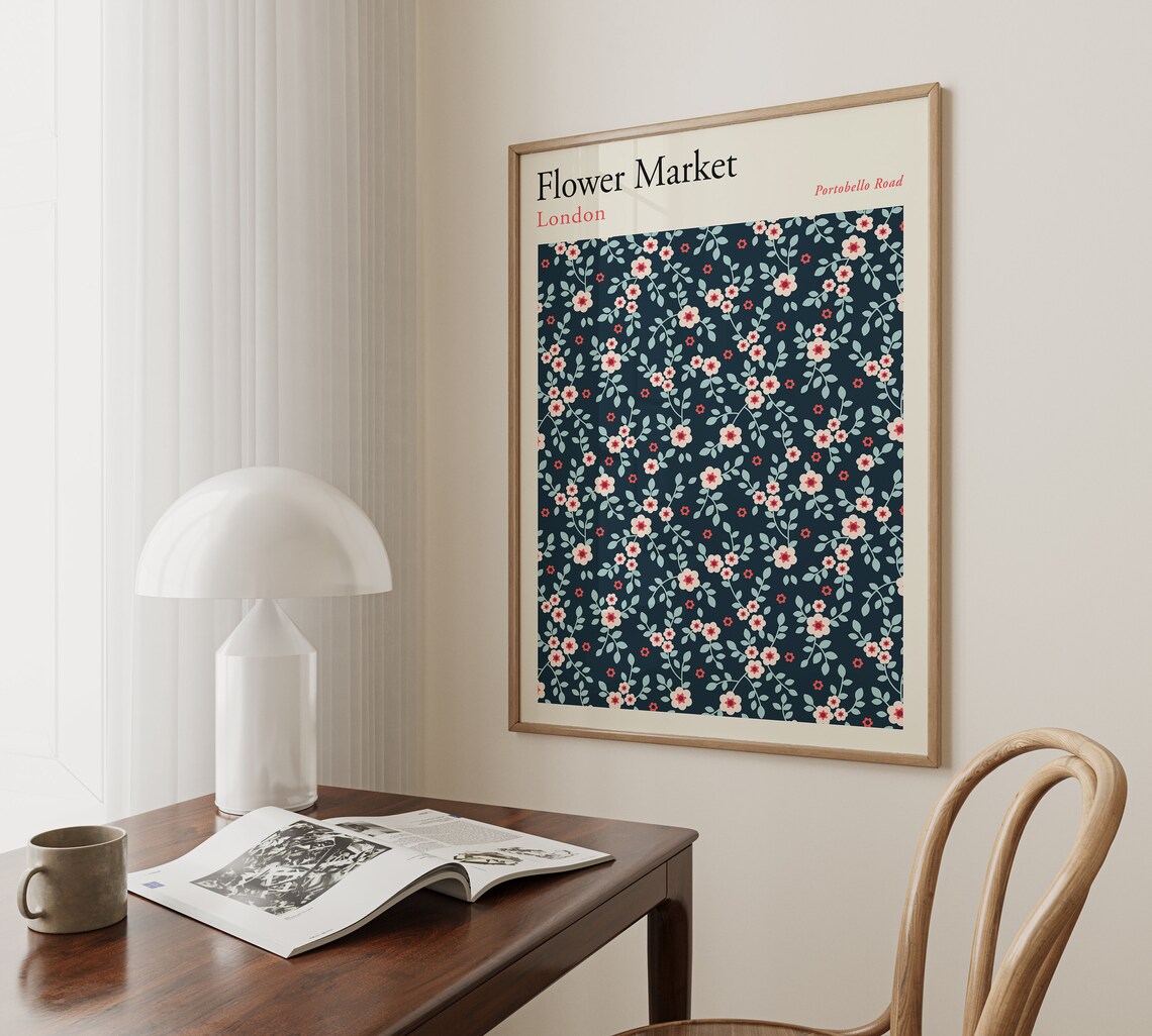 London Portobello Road Navy Floral Flower Market Botanical Poster - Image 2