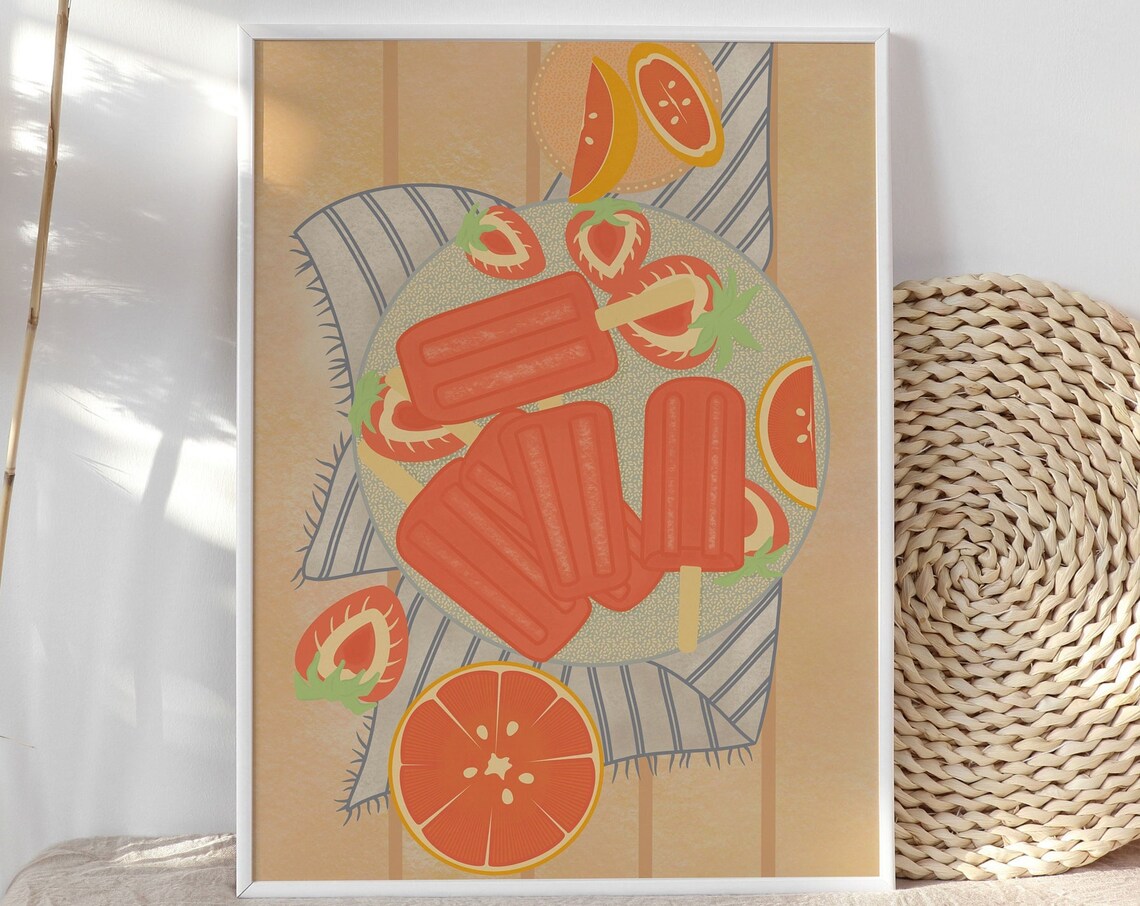 Red Fruit Popsicles Illustration Summer Strawberry Citrus Art Poster