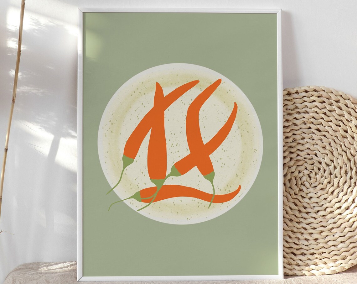 Red Chili Peppers Plate Illustration Sage Green Modern Kitchen Poster