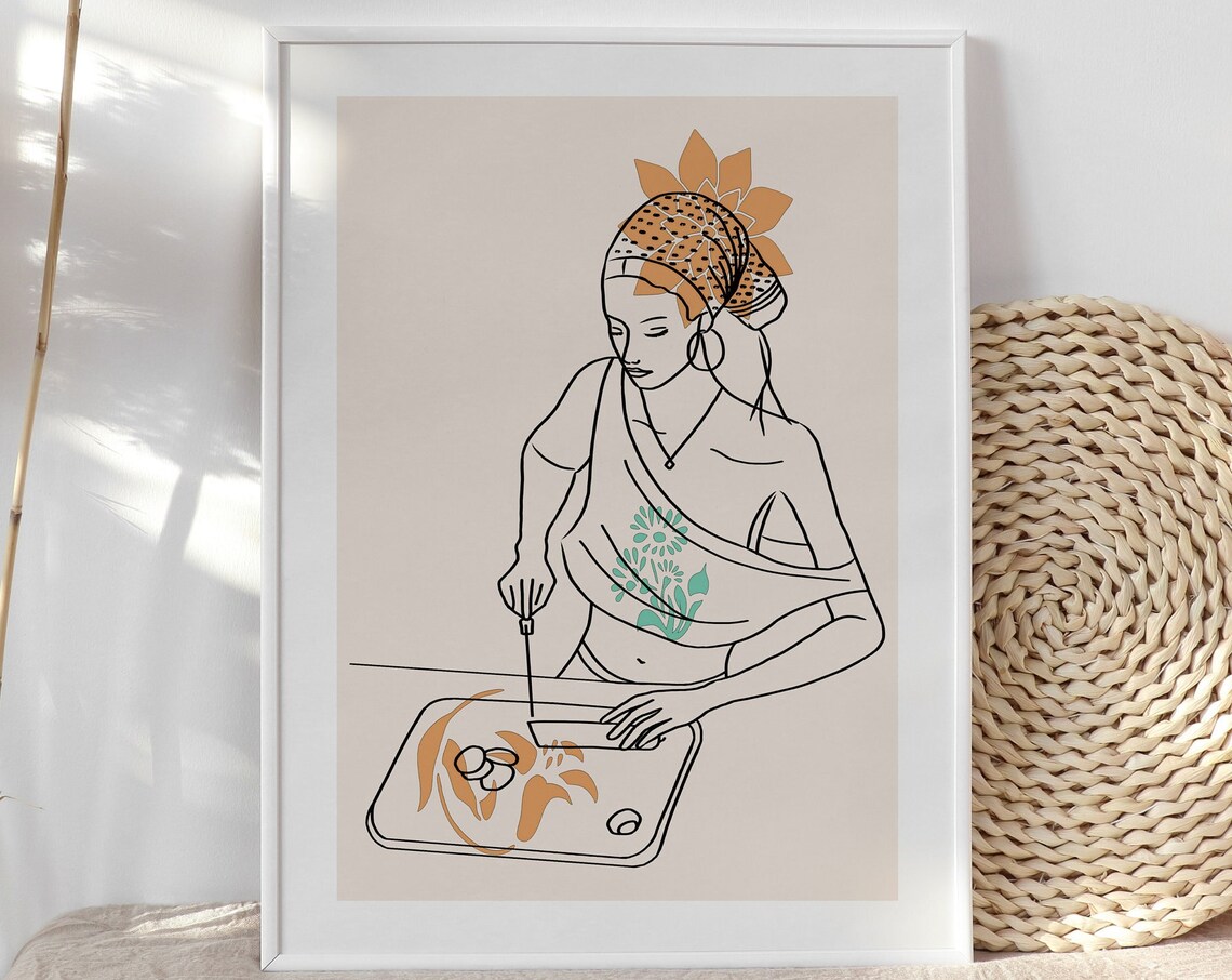 Home Cooking Woman With Headscarf Line Art Drawing Kitchen Poster