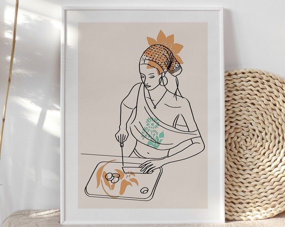 Bohemian Girl Slicing A Cucumber Wall Art Instant Fine Line Print