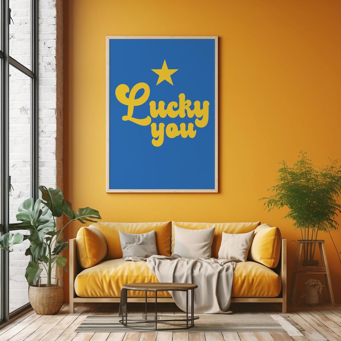 Lucky You Yellow Groovy Script Star Bright Blue Trendy Art Poster