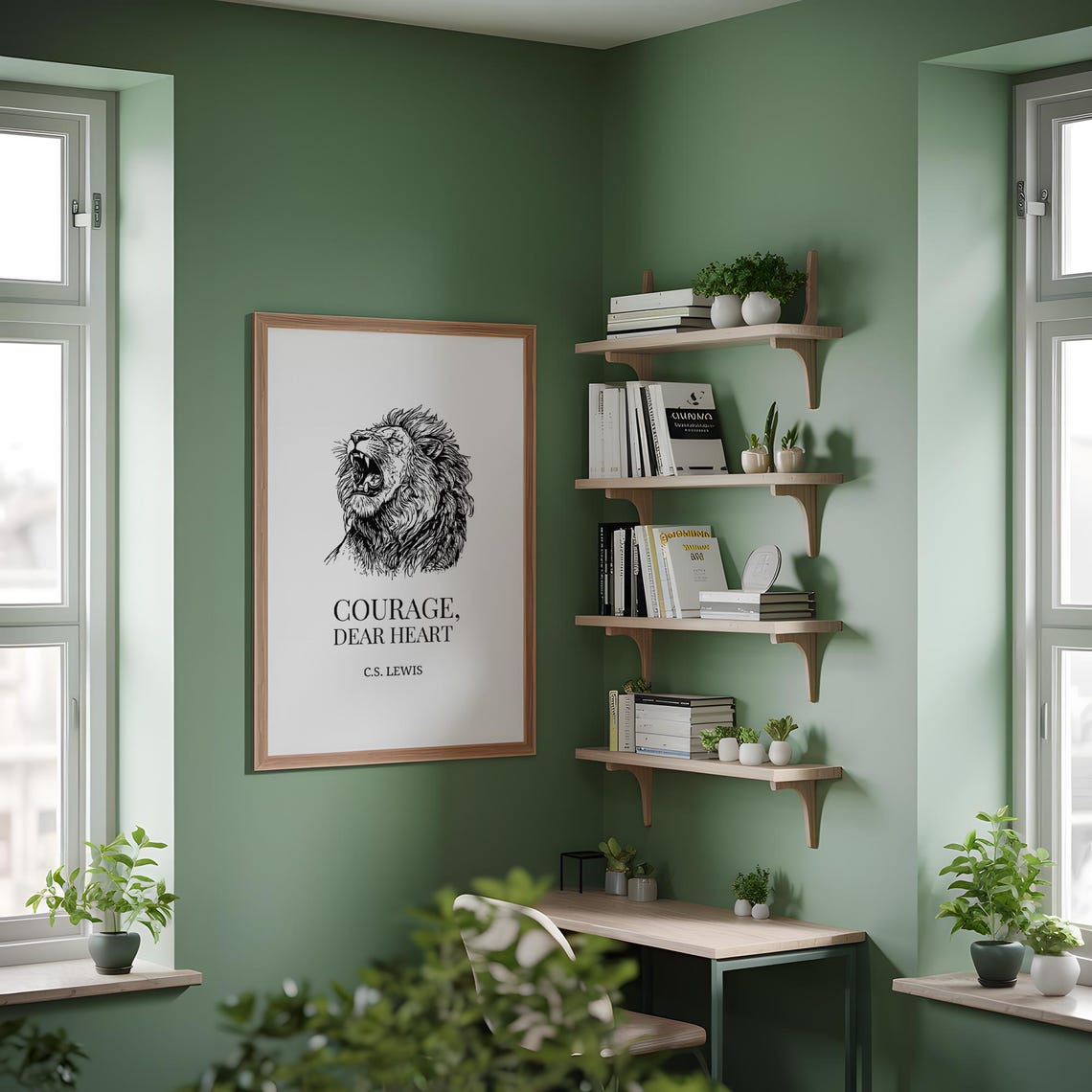 Courage Dear Heart C.S. Lewis Roaring Lion Illustration Quote Poster - Image 3