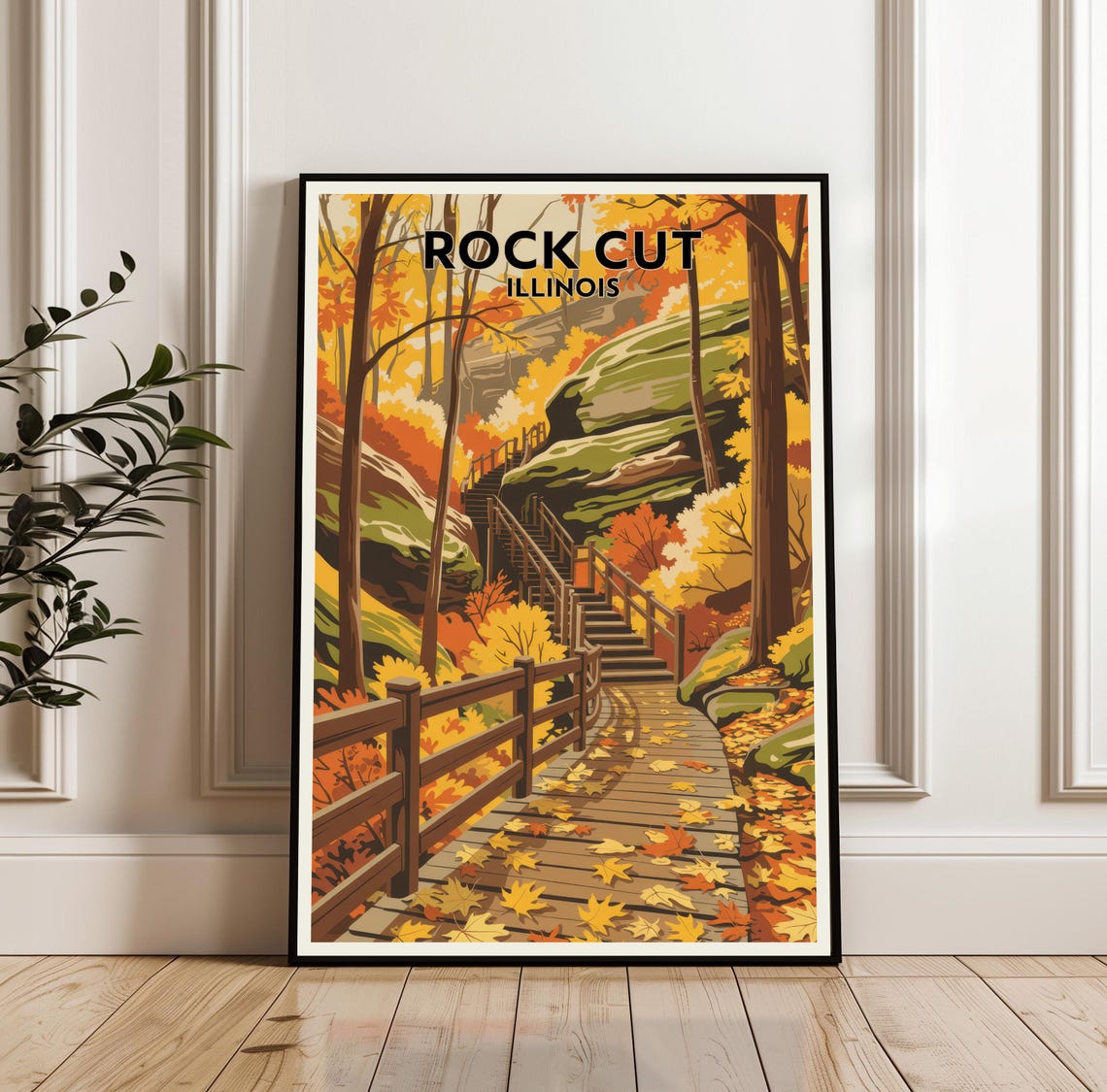 Rock Cut Illinois Autumn Forest Staircase Fall Foliage Travel Poster