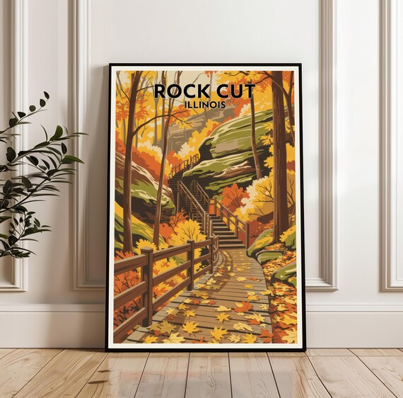 Rock Cut Illinois Autumn Forest Staircase Fall Foliage Travel Poster