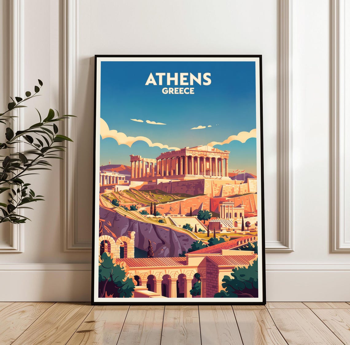 Athens Greece Travel Poster With Acropolis Parthenon Sunset View