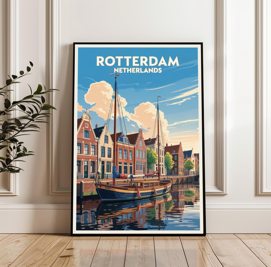 Rotterdam Netherlands Canal Boat Gabled Houses Travel Poster