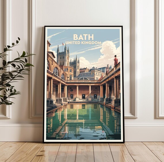 Bath Roman Baths Abbey Reflection Sunny England Travel Poster