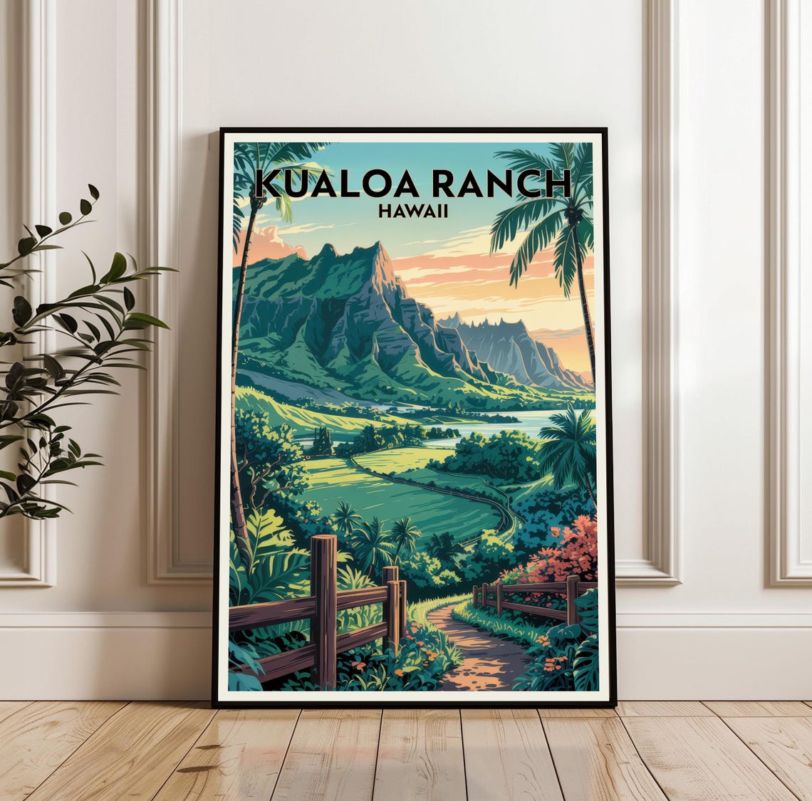 Kualoa Ranch Hawaii Mountain Valley Vintage Travel Poster Palm Trees