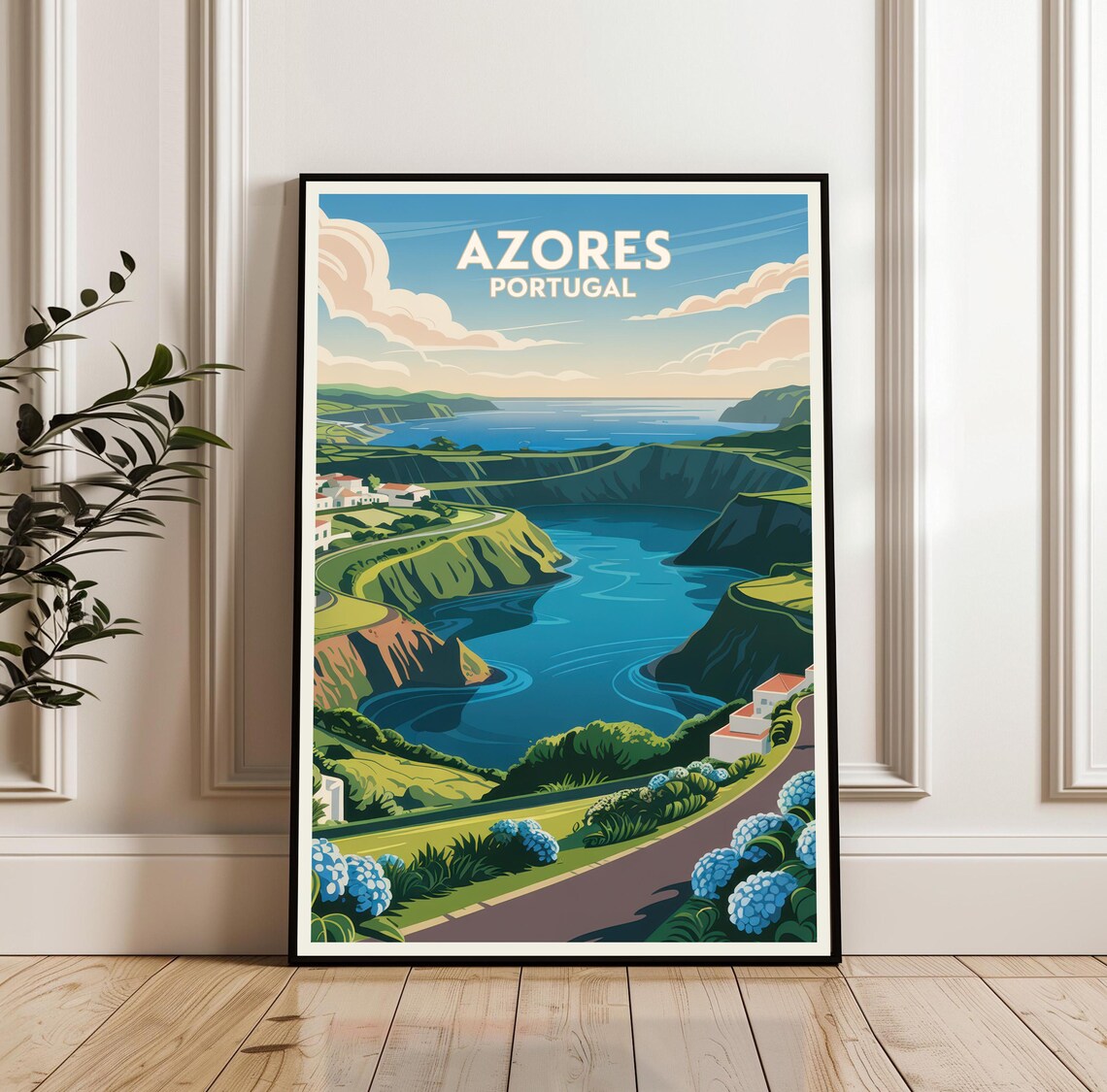 Azores Crater Lake Road With Blue Hydrangeas Portugal Travel Poster