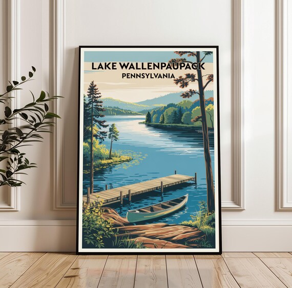 Lake Wallenpaupack Pennsylvania Vintage Travel Poster with Canoe Dock View