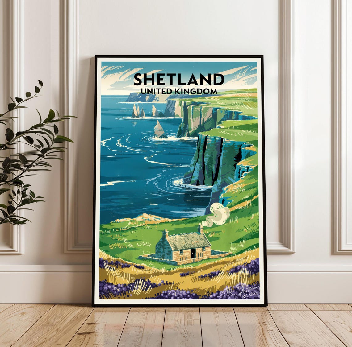 Shetland United Kingdom Sea Cliffs Cottage Travel Poster Art