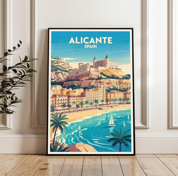 Alicante Spain Coastal Travel Poster With Castle Hill Beach View