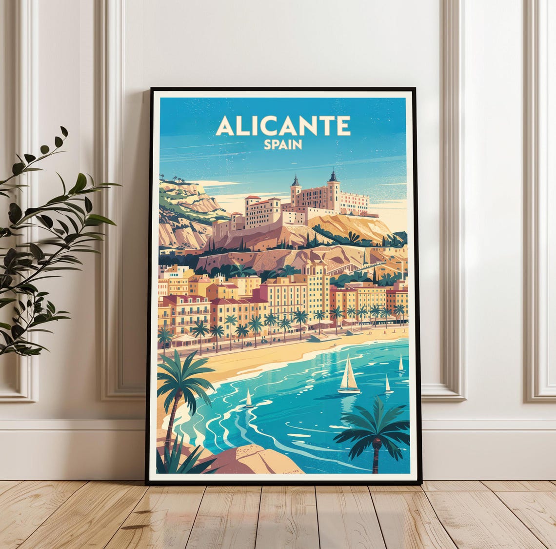 Alicante Spain Coastal Travel Poster With Castle Hill Beach View