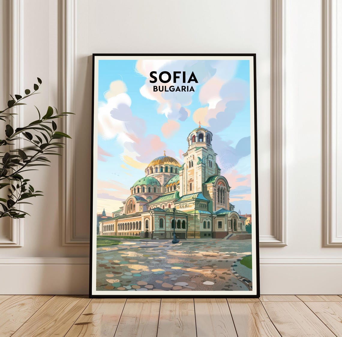 Sofia Bulgaria Travel Poster Alexander Nevsky Cathedral Vintage Scene