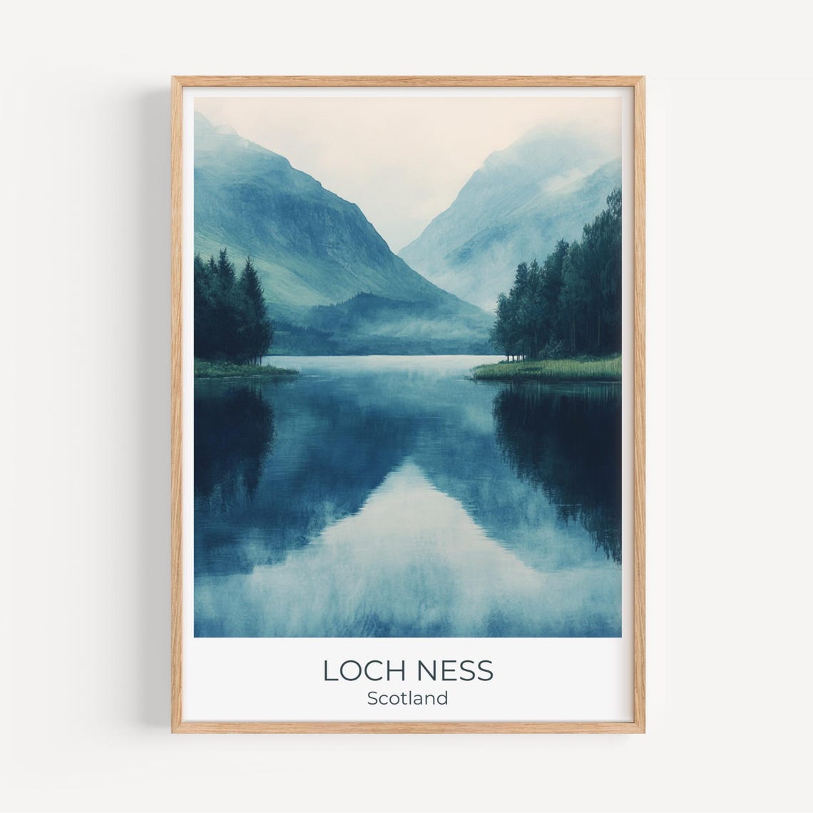 Loch Ness Scotland Travel Poster Misty Lake Mountains Watercolor