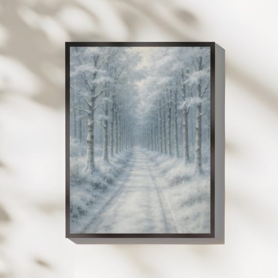 Snowy Forest Path Art Winter Elegant Landscape Painting Abstract Wall Decor Vintageinspired