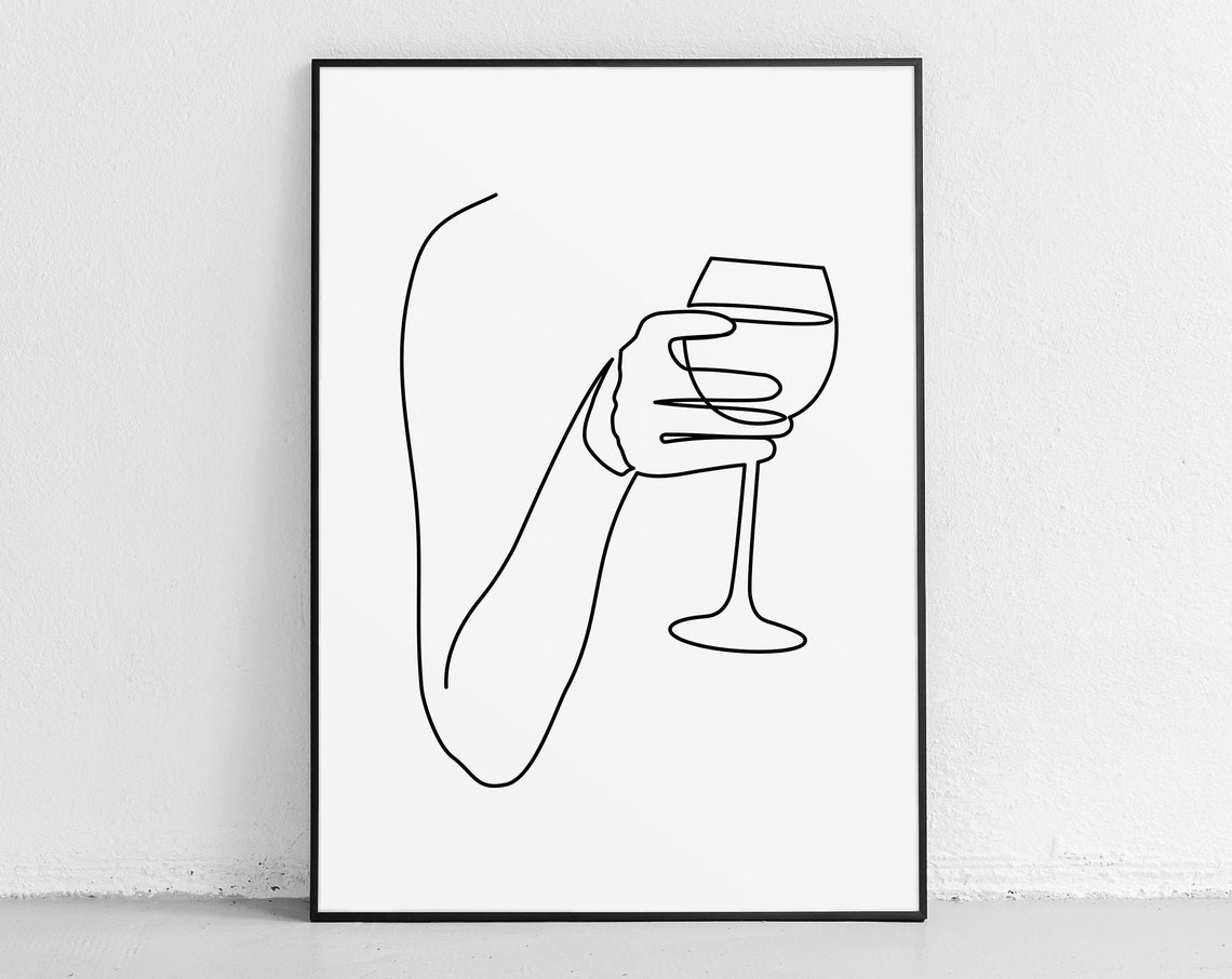 Minimalist Line Drawing Hand Holding Wine Glass Black White Poster - Image 4
