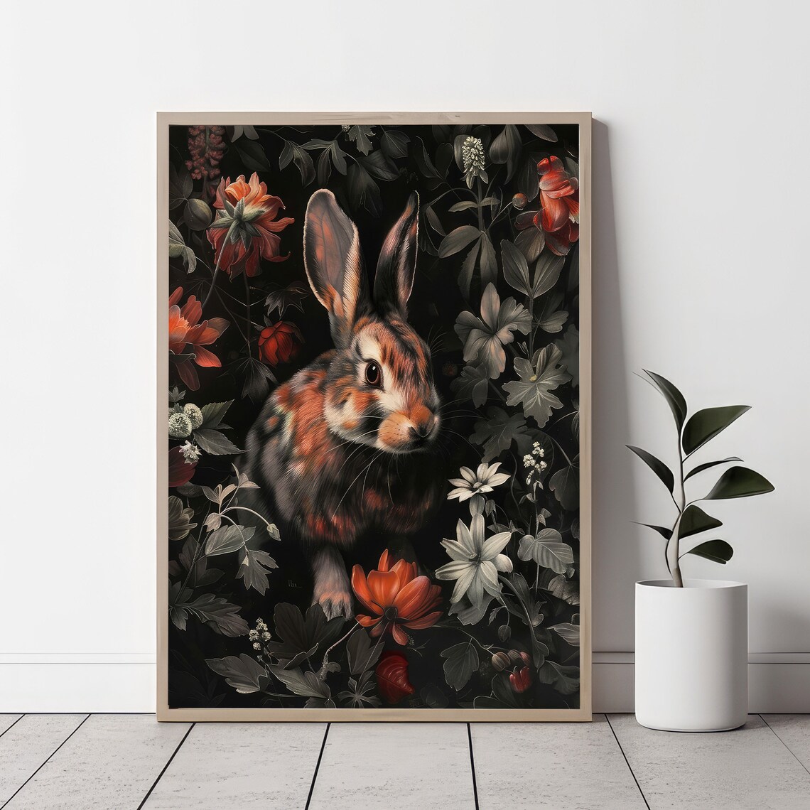 Woodland Rabbit Among Red Blooms Dark Floral Botanical Art Poster