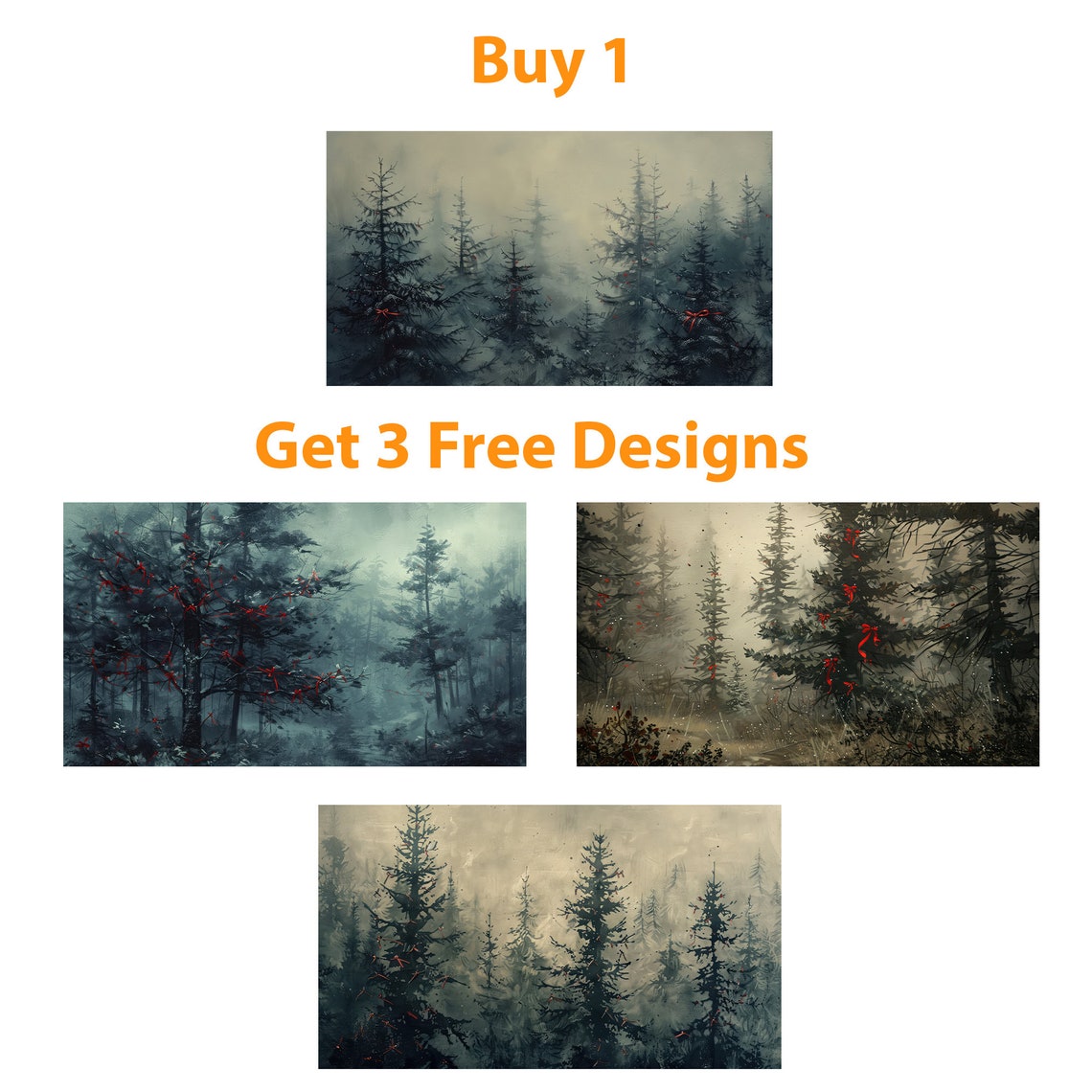Misty Winter Pine Forest Red Ribbon Bows Vintage Christmas Poster - Image 4