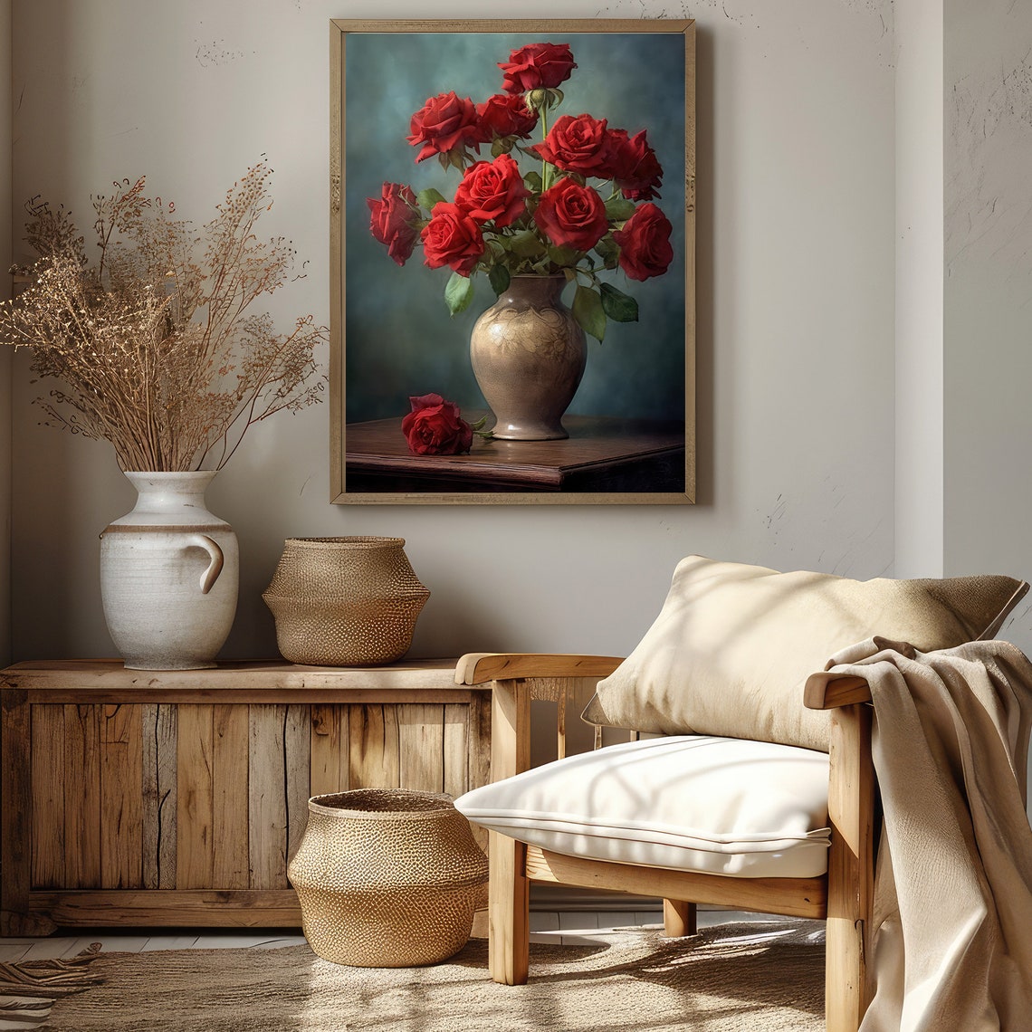 Red Roses Gold Vase Painting Classic Still Life Romance Wall Art - Image 3