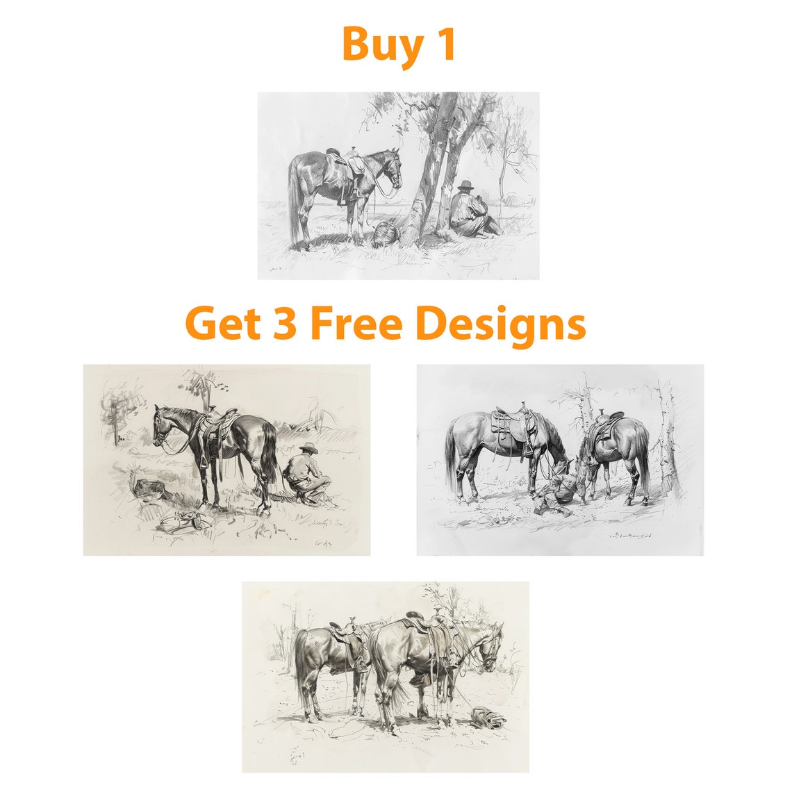 Vintage Cowboy Resting Under Trees With Horse Pencil Sketch Poster - Image 5