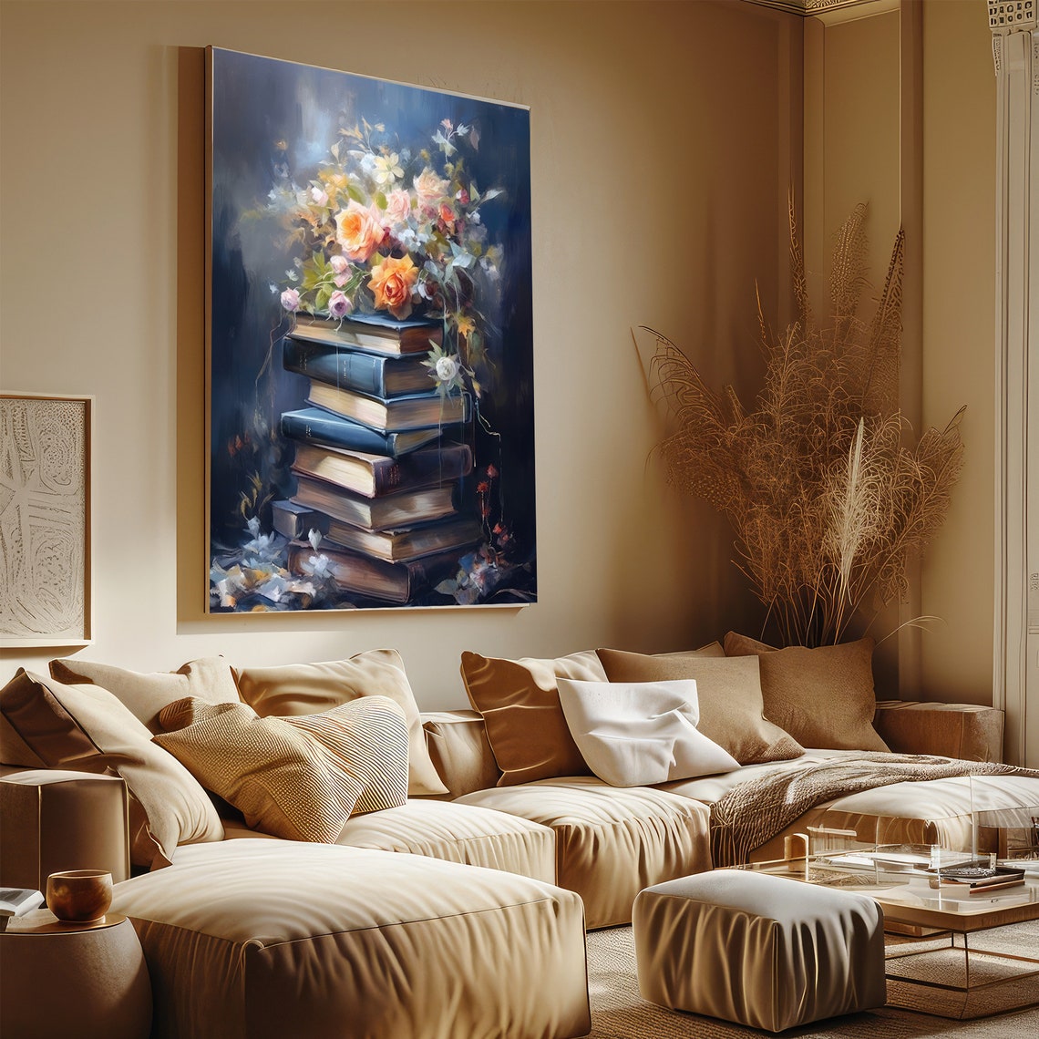 Moody Book Stack Painting Dark Roses Floral Library Decor Wall Art - Image 5