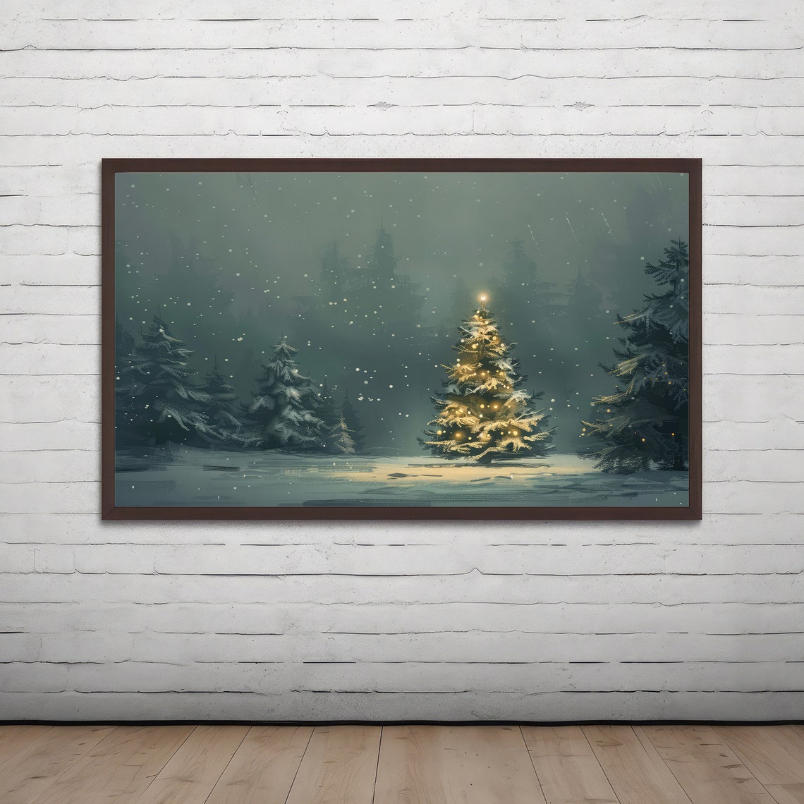 Magical Lit Christmas Tree Glowing In Snowy Night Forest Poster