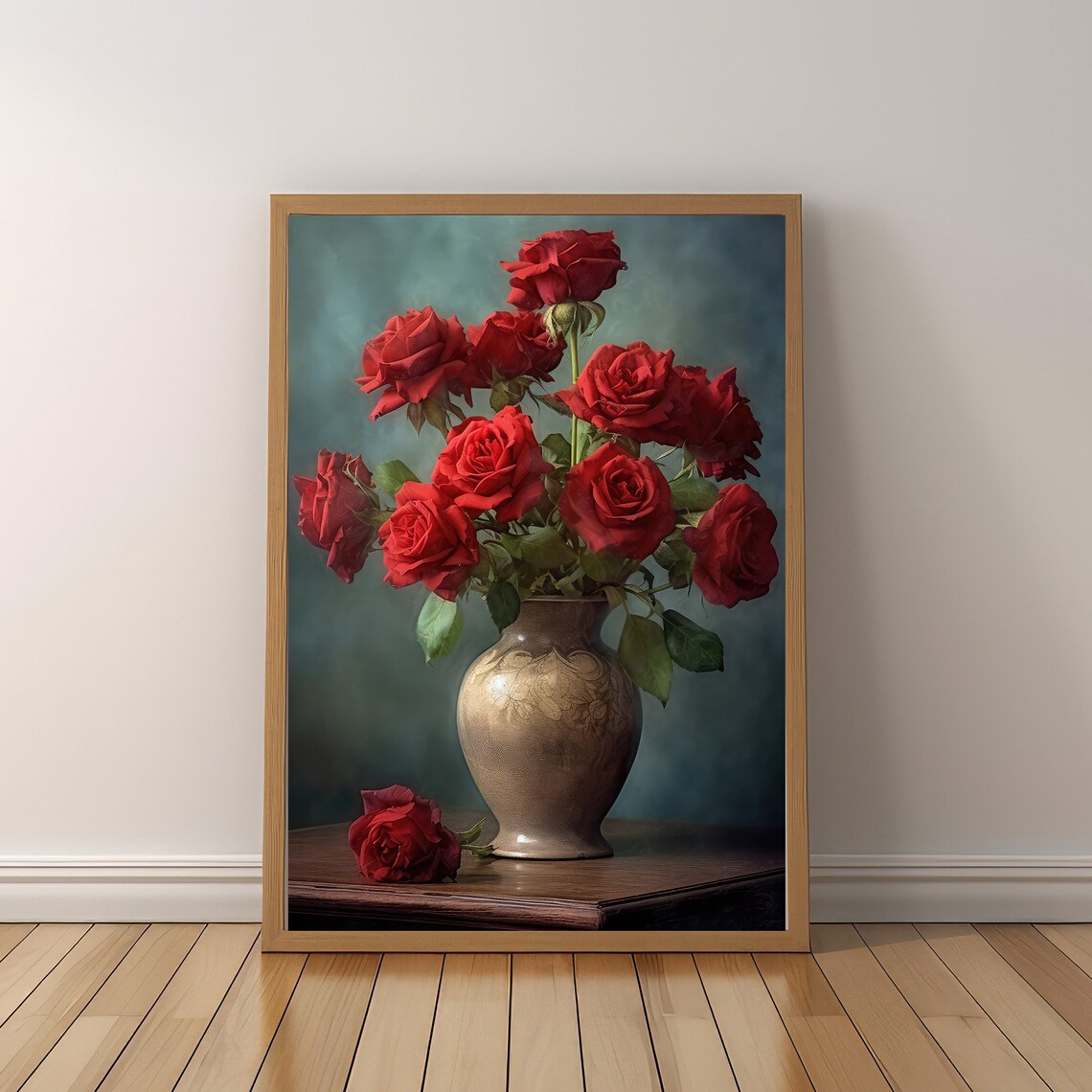 Red Roses Gold Vase Painting Classic Still Life Romance Wall Art