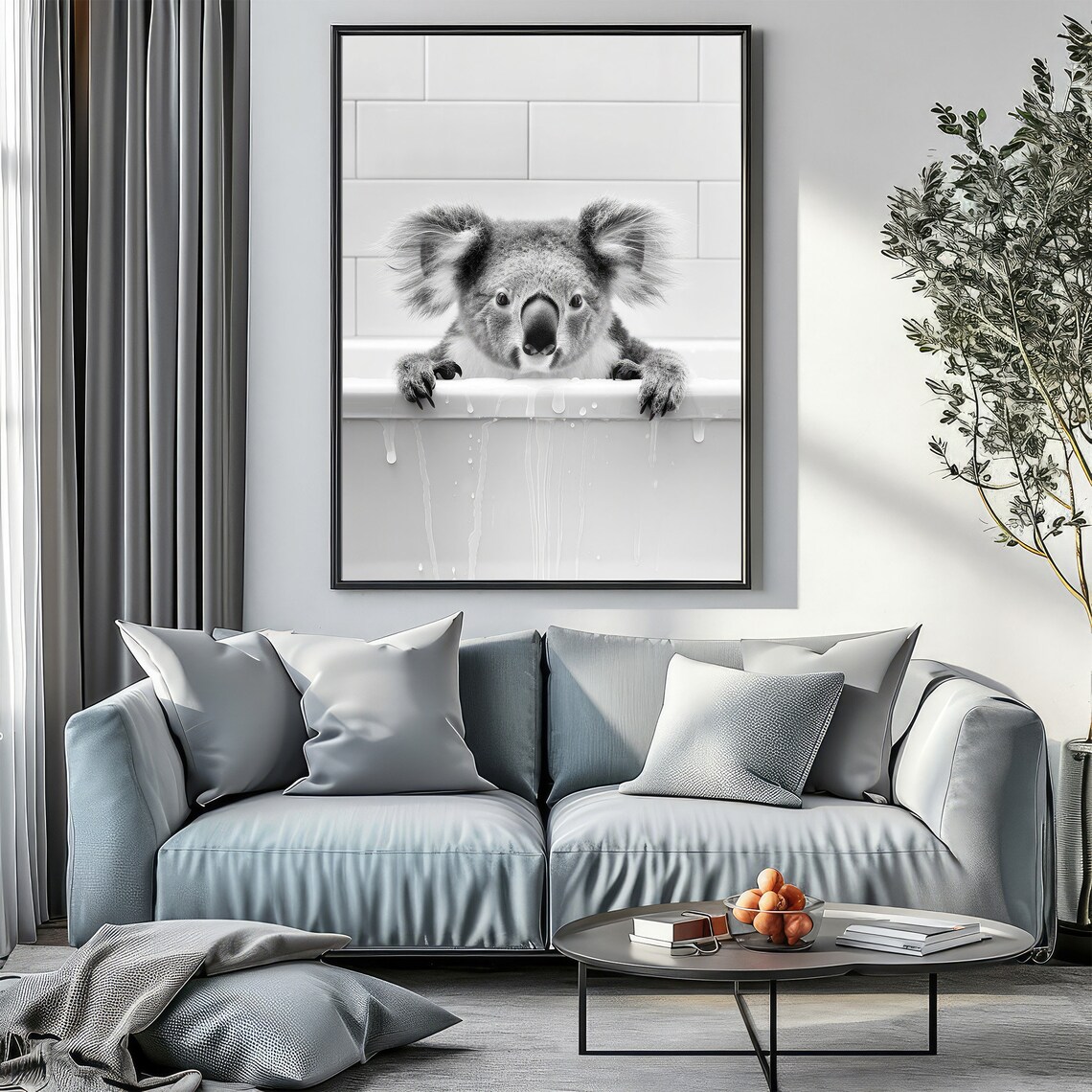 Adorable Koala Peeking Over Bathtub Black And White Nursery Poster - Image 2