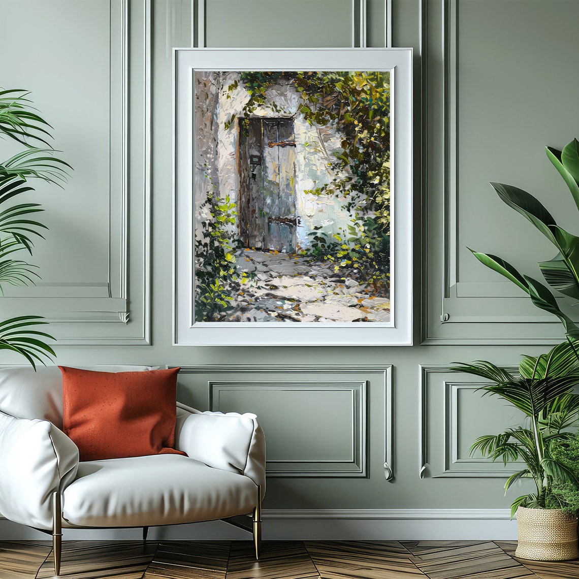 Old Wooden Door Covered In Vines Sunlit Courtyard Oil Art Poster - Image 4