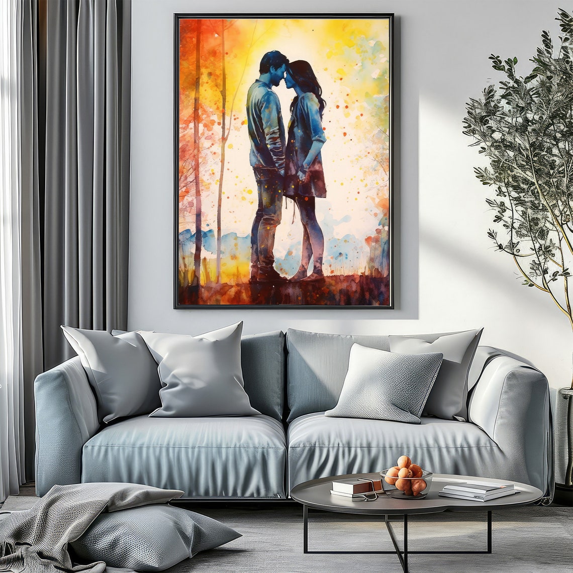 Romantic Couple Embrace Watercolor Autumn Forest Love Poster - Image 4