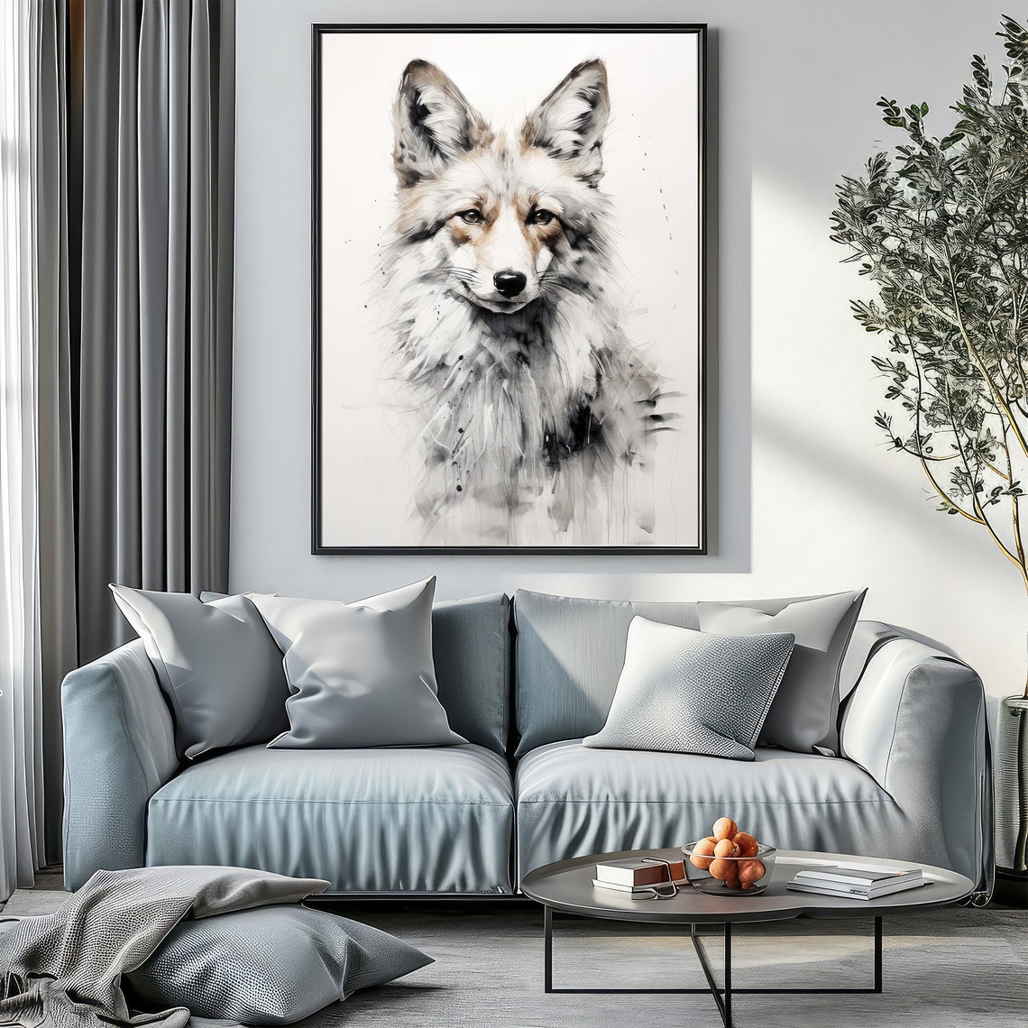 Minimalist Fox Portrait Sketch Grey Woodland Neutral Nursery Wall Art - Image 3