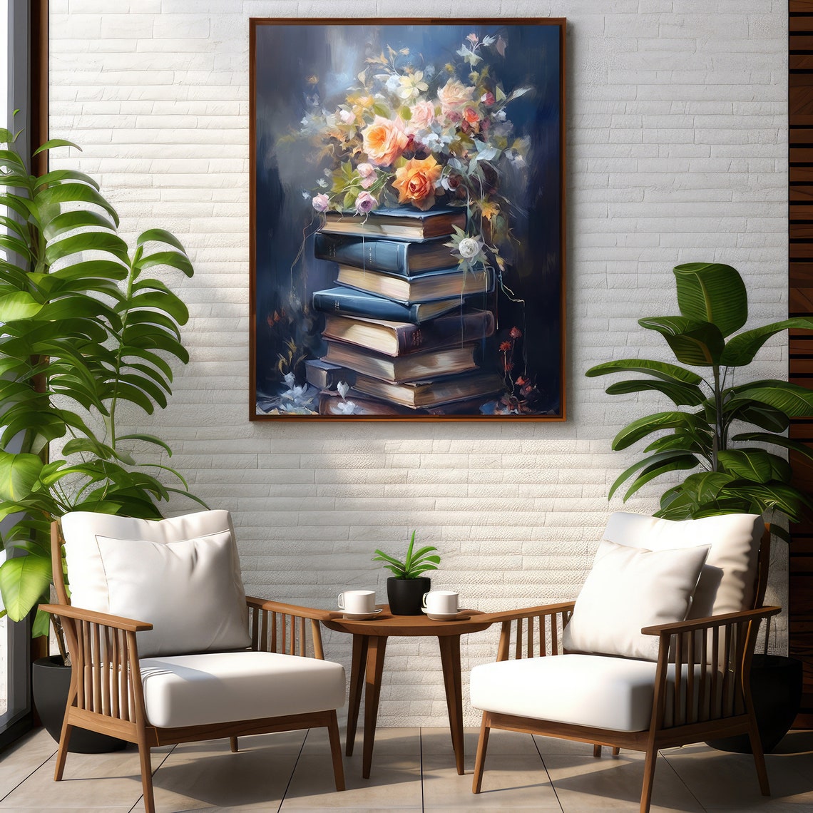 Moody Book Stack Painting Dark Roses Floral Library Decor Wall Art - Image 3