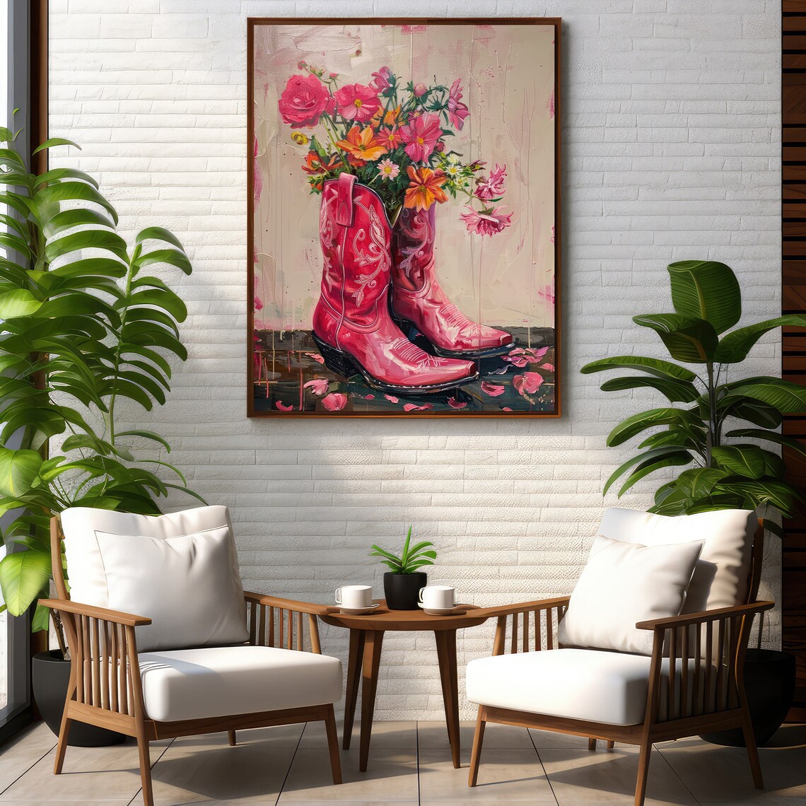 Hot Pink Cowgirl Boots Filled With Wildflowers Western Art Poster - Image 3