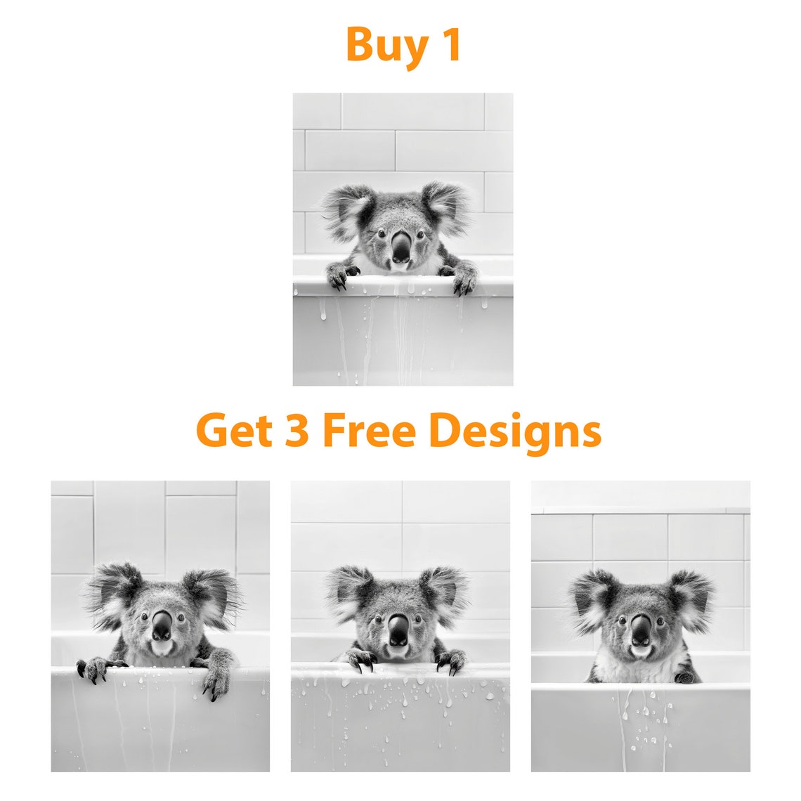 Adorable Koala Peeking Over Bathtub Black And White Nursery Poster - Image 6