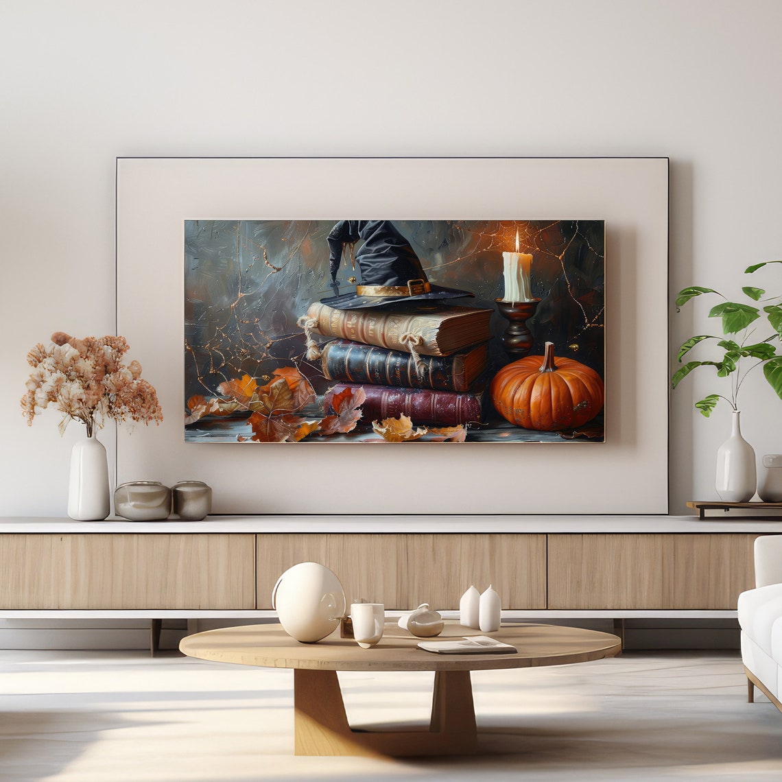 Witch Hat Spell Books Pumpkin Candle Halloween Still Life Poster - Image 3
