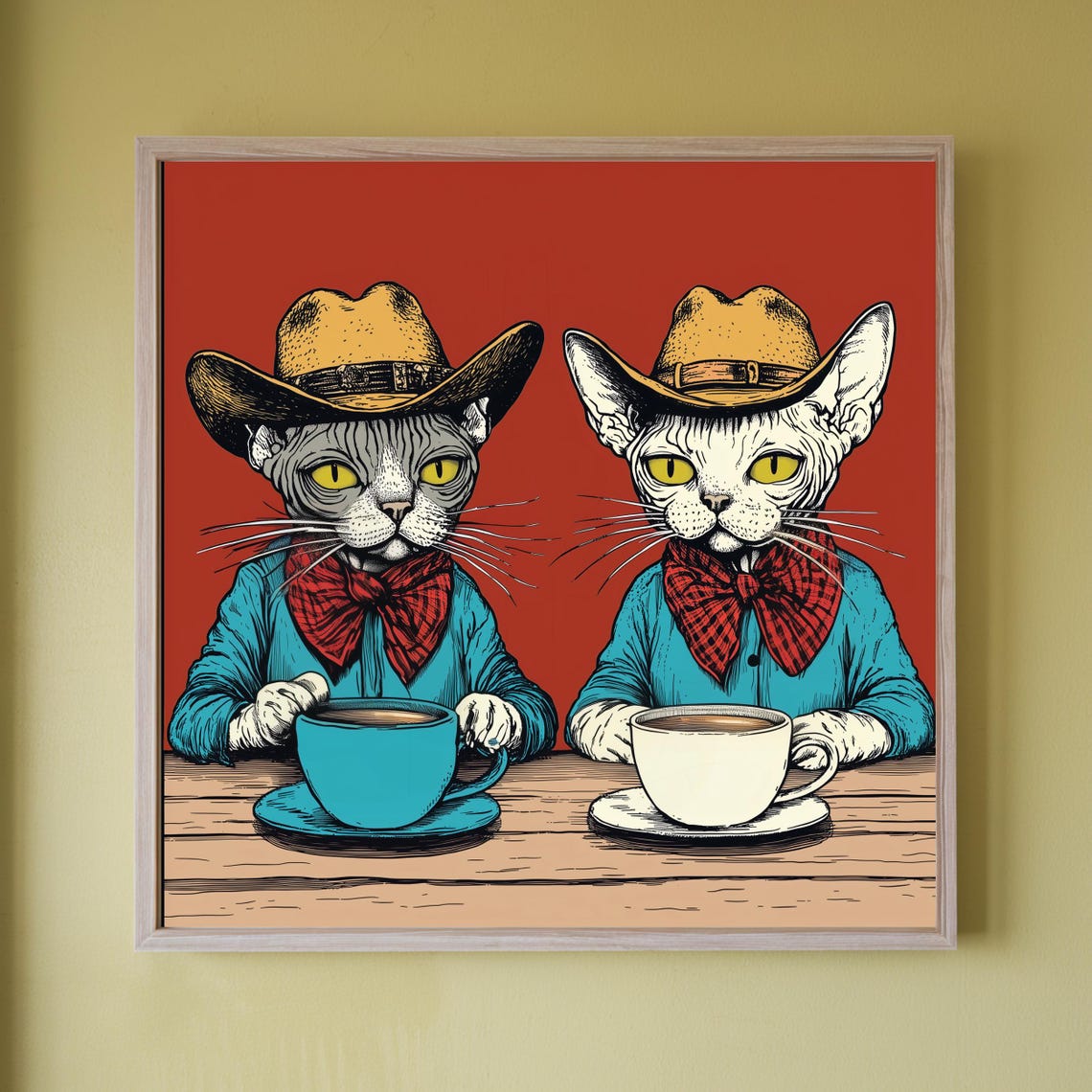 Twin Cowboy Sphynx Cats With Coffee Cups Retro Western Poster
